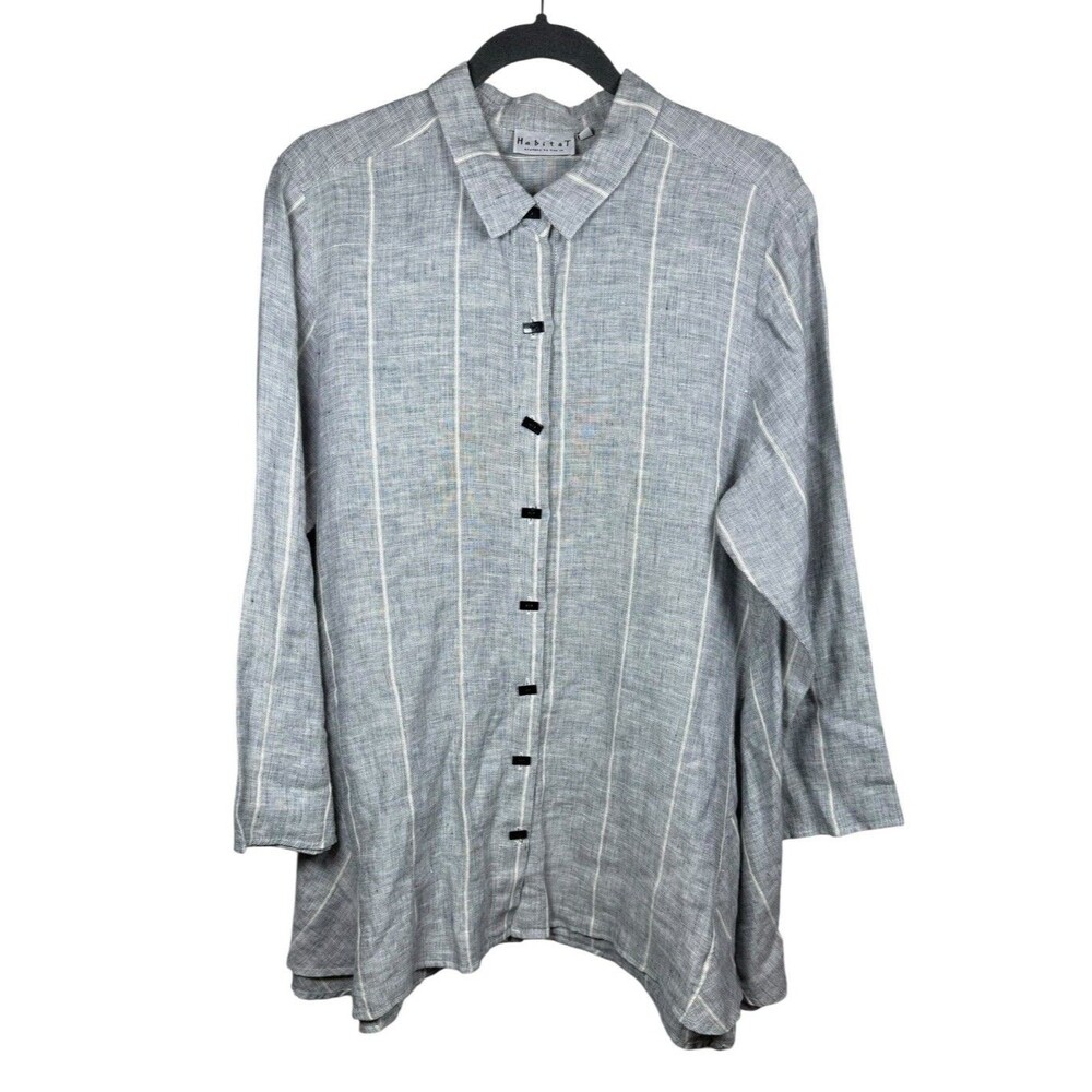 Habitat 100% Linen Button Front Shirt Womens L Gray Stripe Coastal Lagenlook Top
